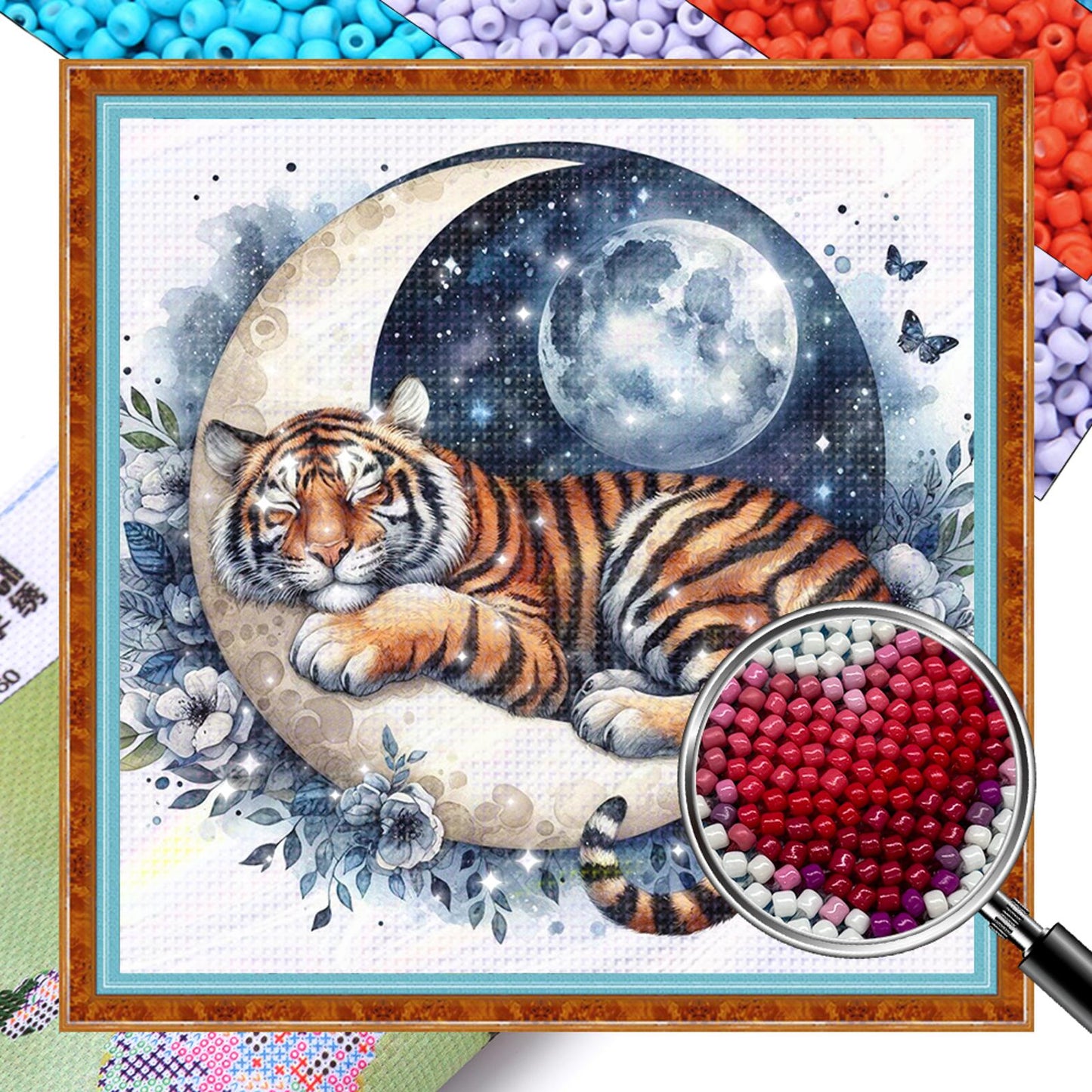 Tiger - Partial 11CT Stamped Cross Stitch - Bead Embroidery 36x36CM/14.17x14.17in
