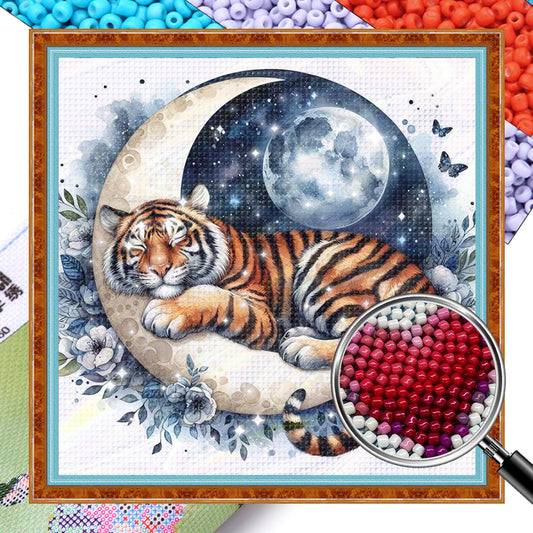 Tiger - Partial 11CT Stamped Cross Stitch - Bead Embroidery 36x36CM/14.17x14.17in