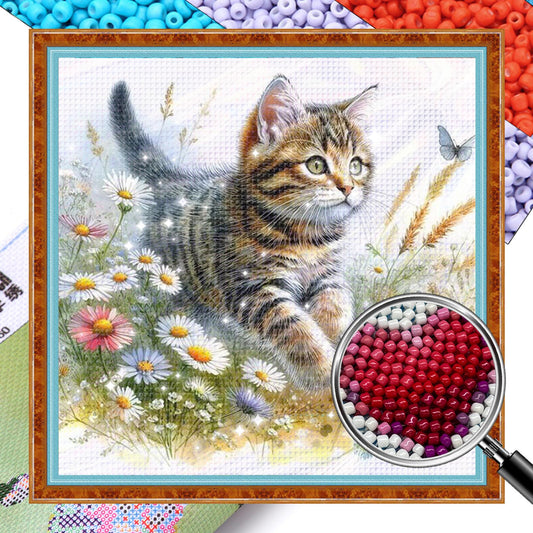 Cat - Partial 11CT Stamped Cross Stitch - Bead Embroidery 36x36CM/14.17x14.17in