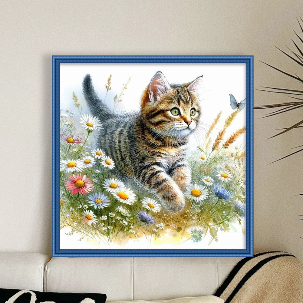 Cat - Partial 11CT Stamped Cross Stitch - Bead Embroidery 36x36CM/14.17x14.17in