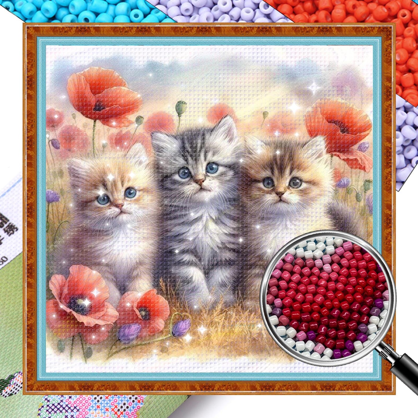 Three Cats - Partial 11CT Stamped Cross Stitch - Bead Embroidery 36x36CM/14.17x14.17in