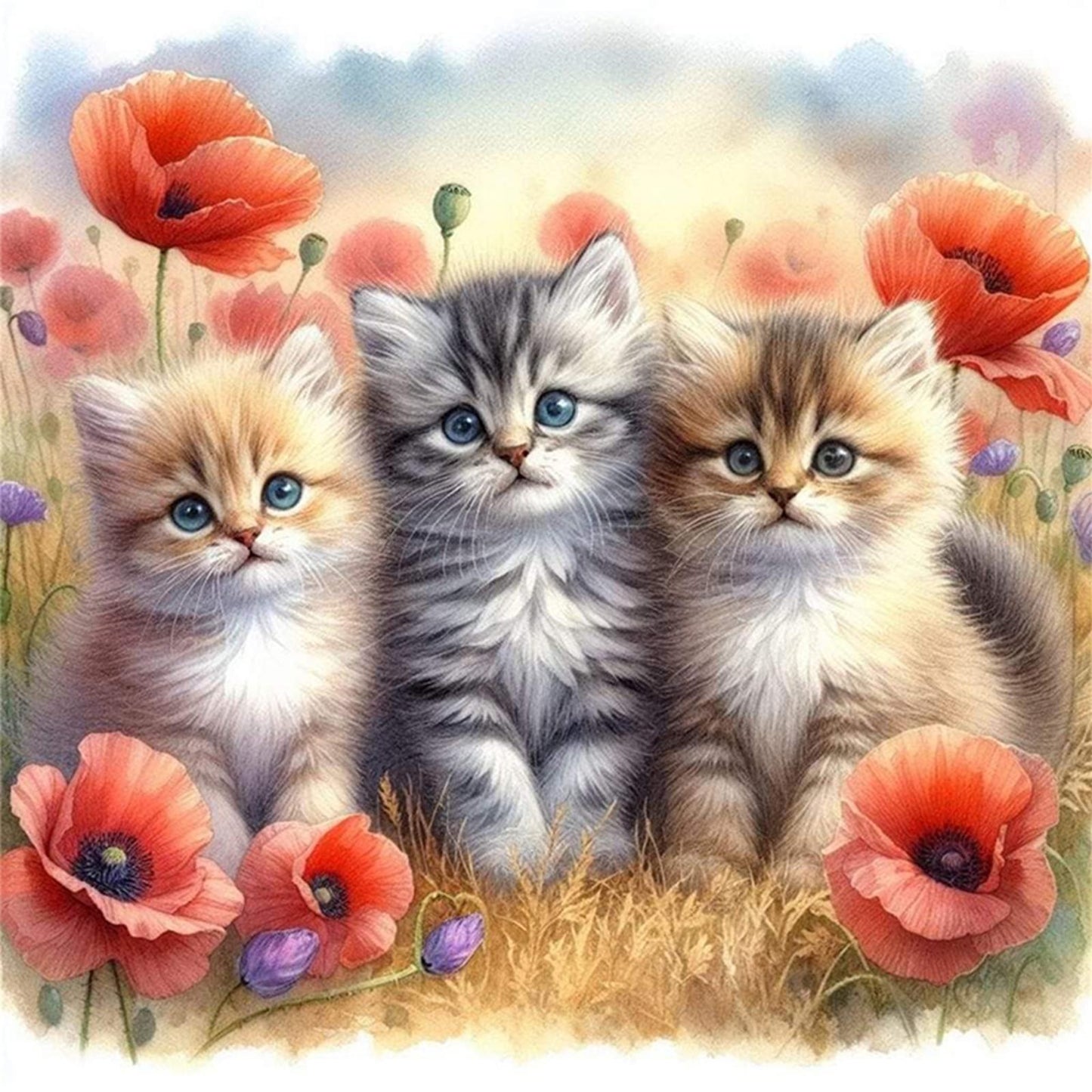 Three Cats - Partial 11CT Stamped Cross Stitch - Bead Embroidery 36x36CM/14.17x14.17in