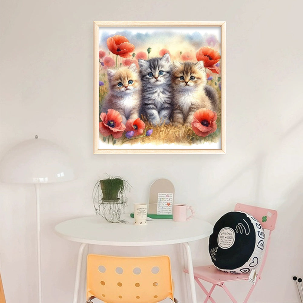 Three Cats - Partial 11CT Stamped Cross Stitch - Bead Embroidery 36x36CM/14.17x14.17in