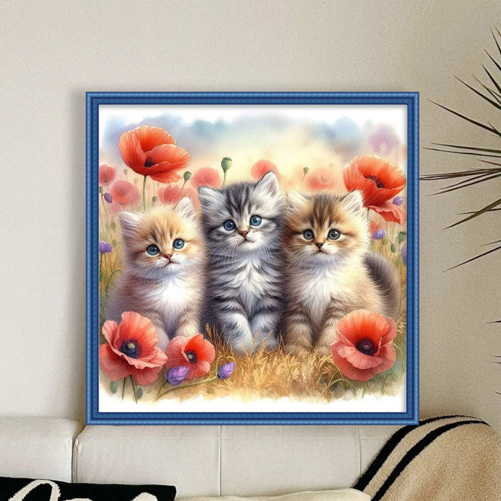 Three Cats - Partial 11CT Stamped Cross Stitch - Bead Embroidery 36x36CM/14.17x14.17in