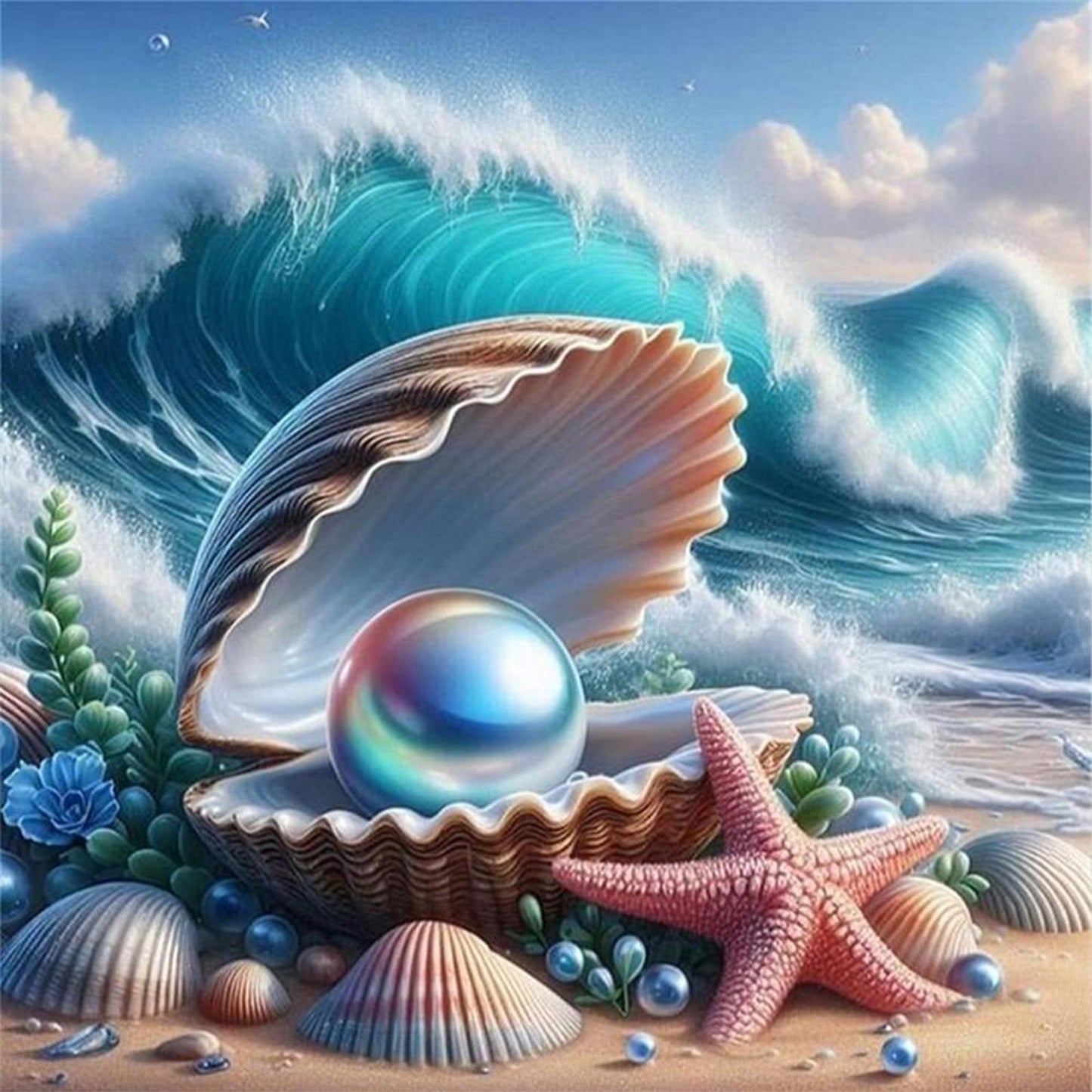 Beach Scenery With Shells - Full 11CT Stamped Cross Stitch 50x50CM - Yishu