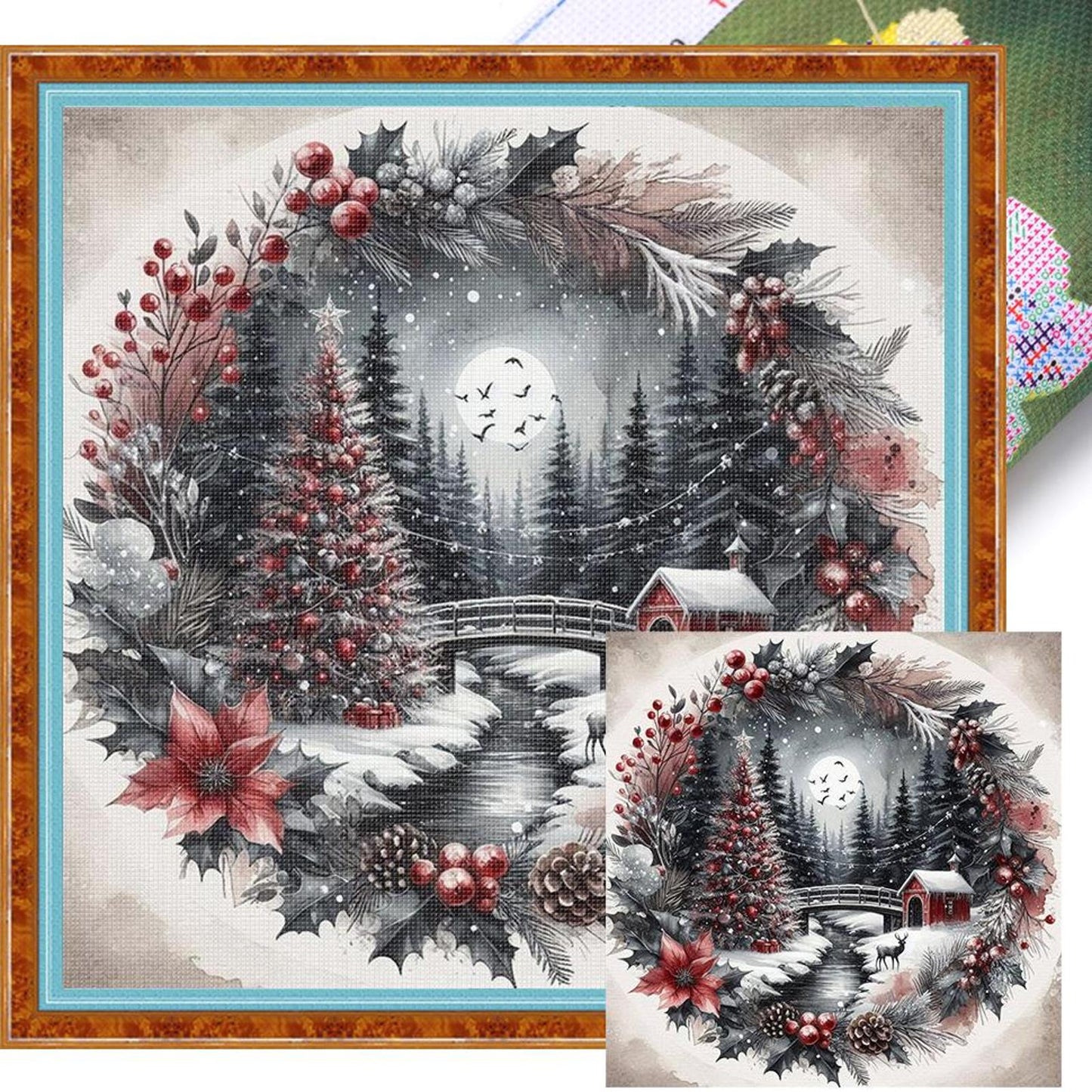 Christmas Tree With Wreath - Full 11CT Stamped Cross Stitch 40x40CM - Yishu