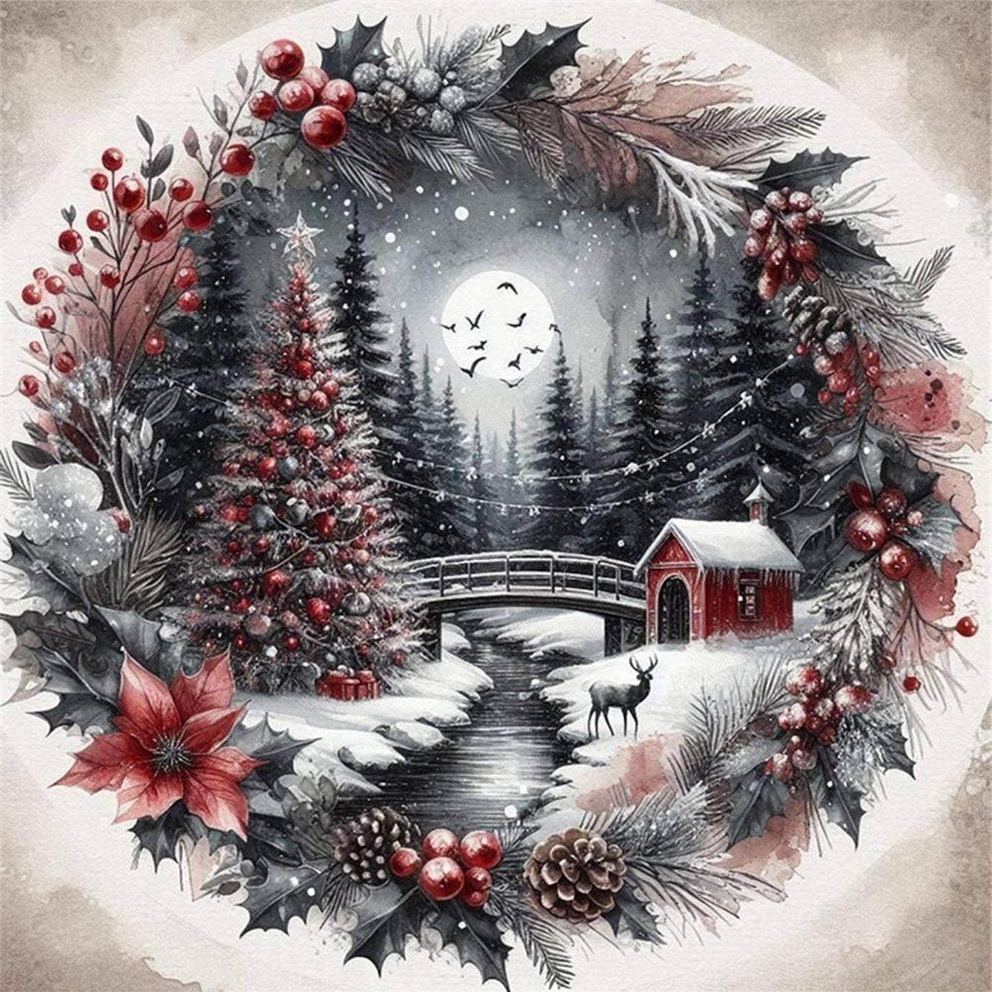 Christmas Tree With Wreath - Full 11CT Stamped Cross Stitch 40x40CM - Yishu