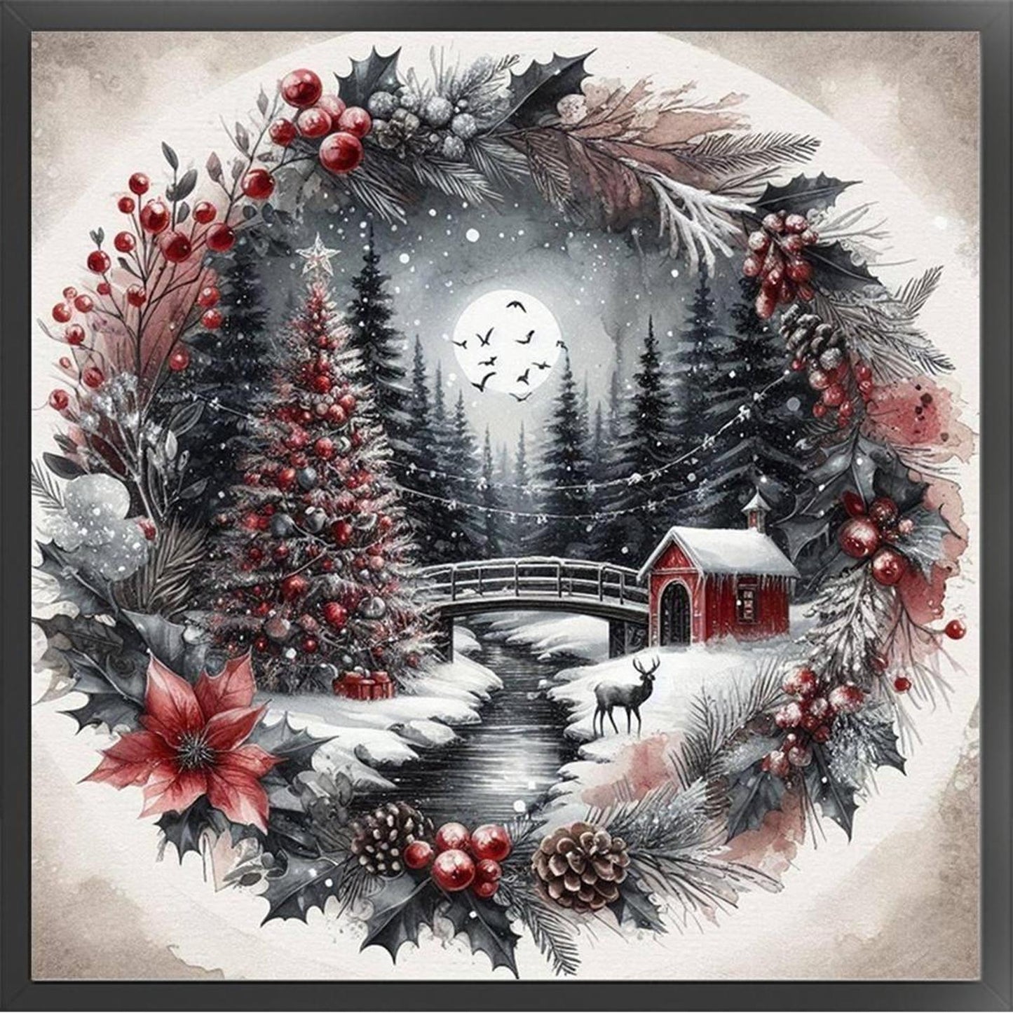 Christmas Tree With Wreath - Full 11CT Stamped Cross Stitch 40x40CM - Yishu