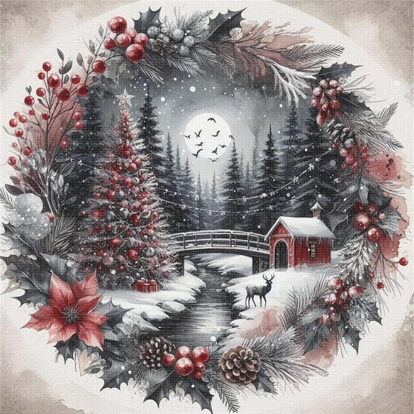 Christmas Tree With Wreath - Full 11CT Stamped Cross Stitch 40x40CM - Yishu