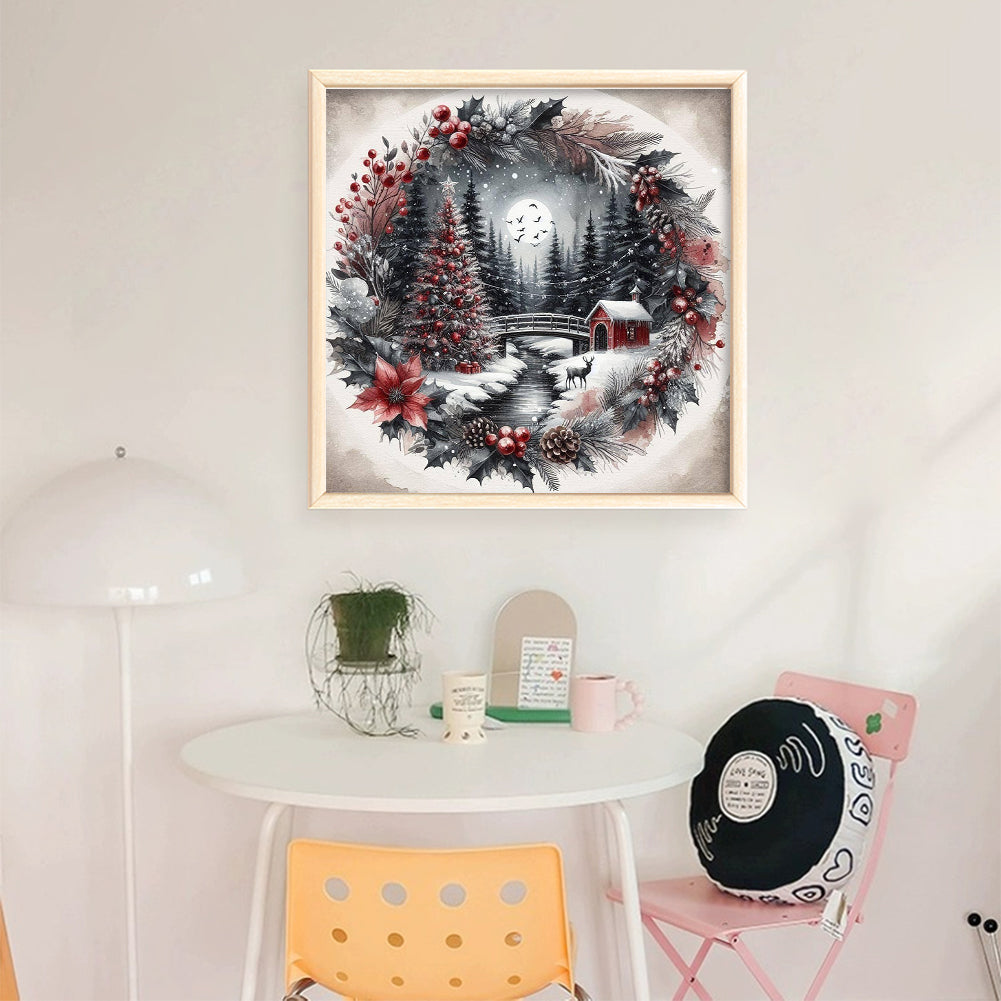 Christmas Tree With Wreath - Full 11CT Stamped Cross Stitch 40x40CM - Yishu