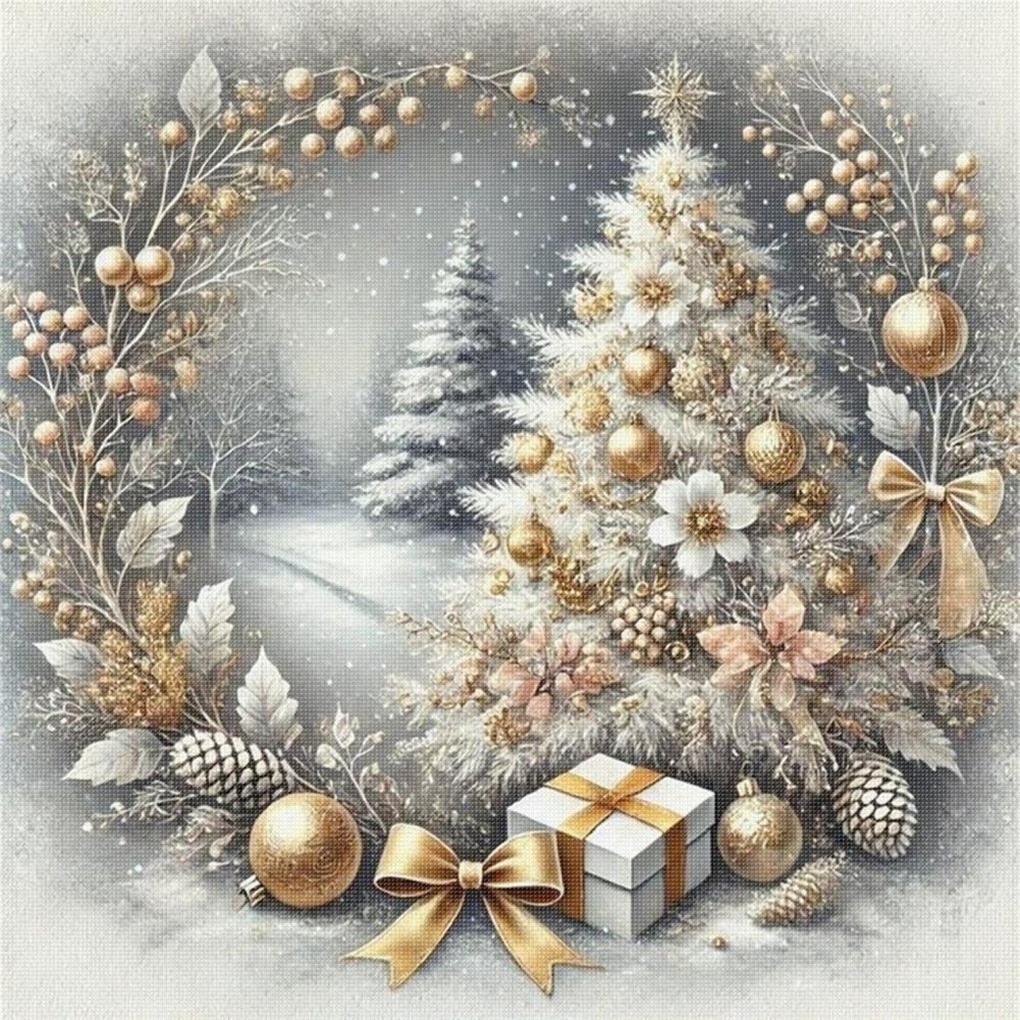 Christmas Tree With Wreath - Full 11CT Stamped Cross Stitch 40x40CM - Yishu