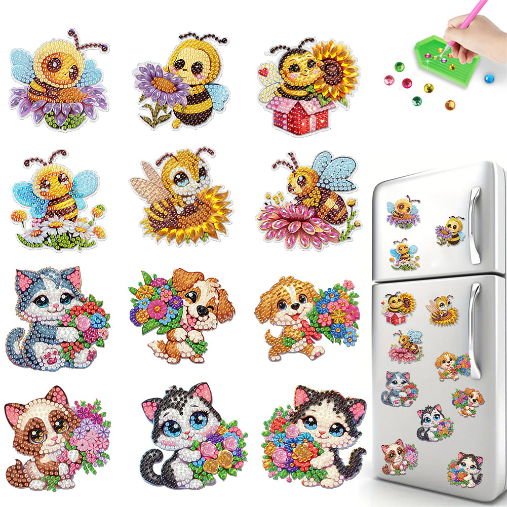 12PCS 2D Flat DIY Magnetic Refrigerator Stickers Diamond Art Kits for Home Decor