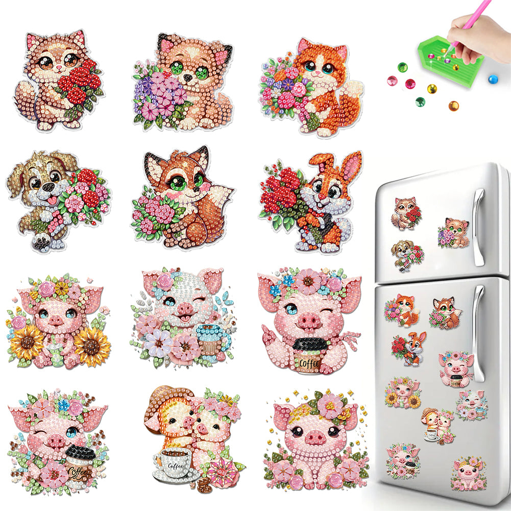 12PCS 2D Flat DIY Magnetic Refrigerator Stickers Diamond Art Kits for Home Decor