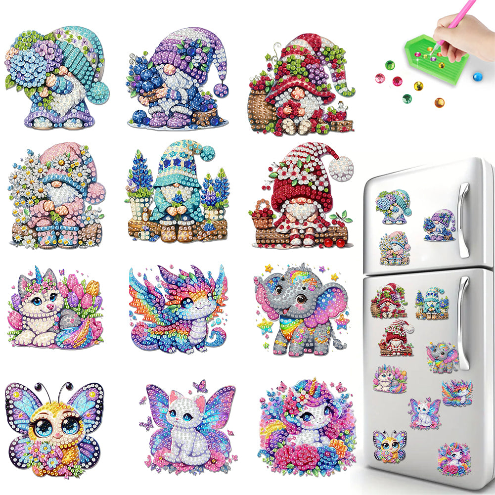 12PCS 2D Flat DIY Magnetic Refrigerator Stickers Diamond Art Kits for Home Decor
