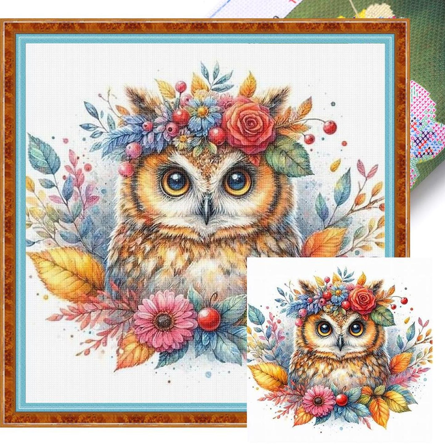 Owl With Flowers And Plants - Full 11CT Stamped Cross Stitch 40x40CM - Yishu