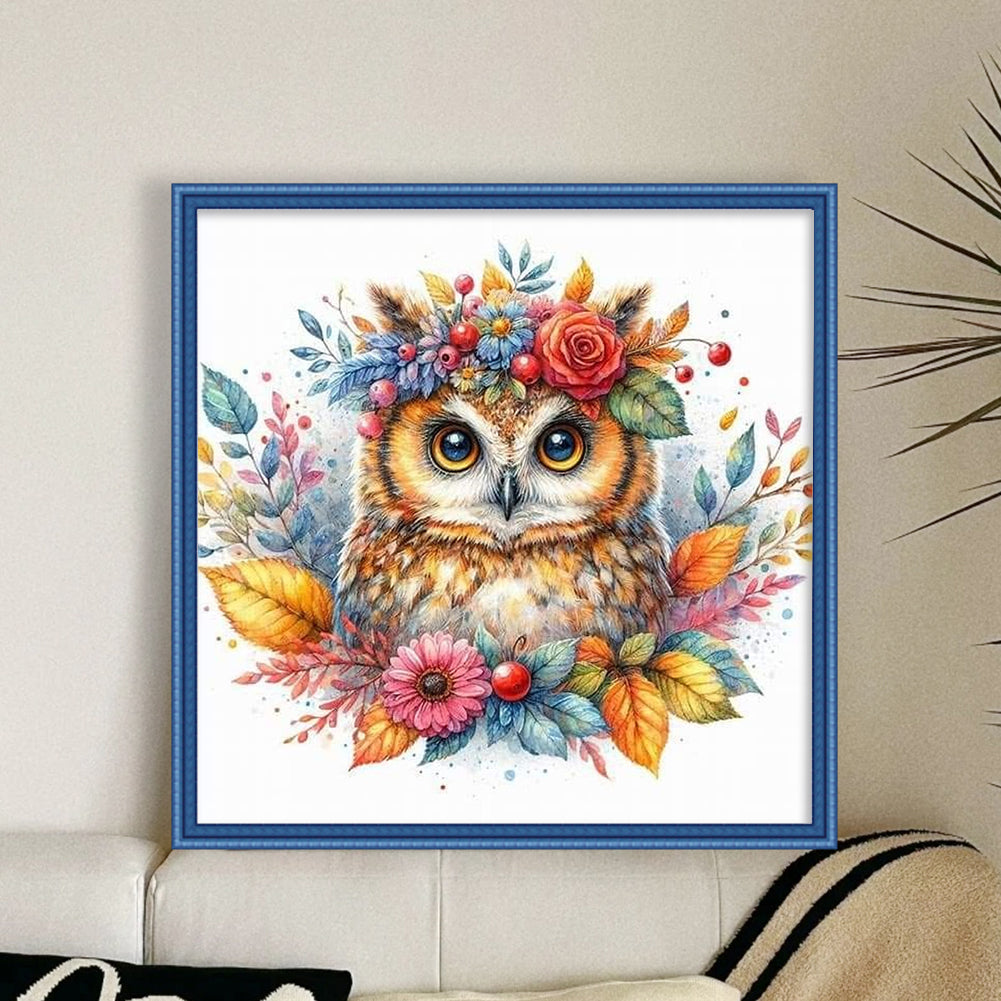 Owl With Flowers And Plants - Full 11CT Stamped Cross Stitch 40x40CM - Yishu