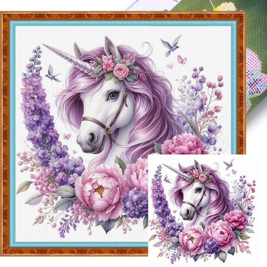Unicorn With Flowers And Plants - Full 11CT Stamped Cross Stitch 40x40CM - Yishu