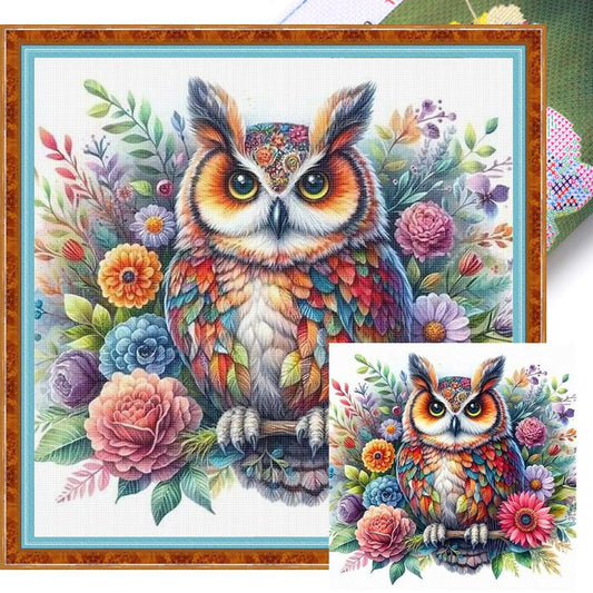 Owl With Flowers And Plants - Full 11CT Stamped Cross Stitch 40x40CM - Yishu