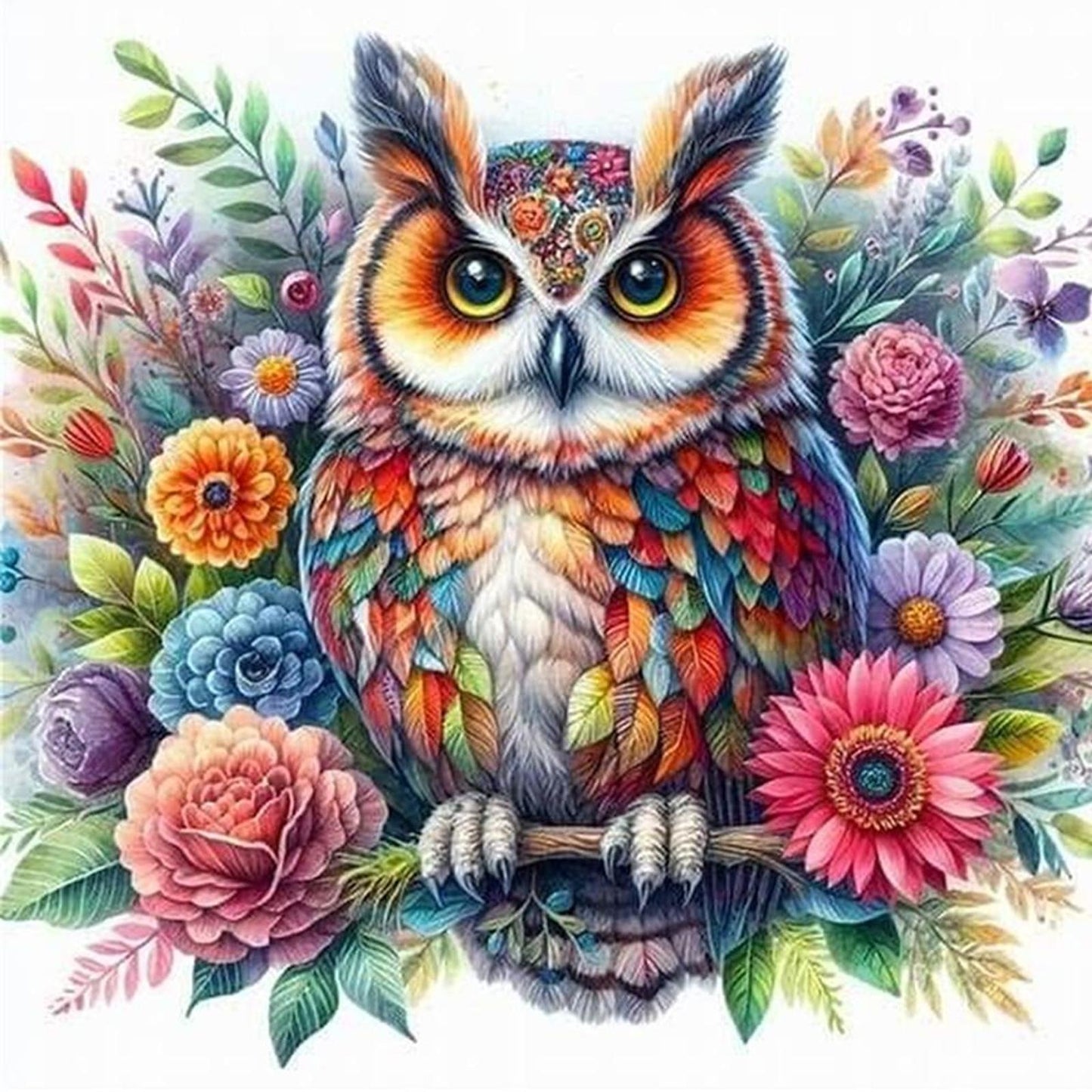 Owl With Flowers And Plants - Full 11CT Stamped Cross Stitch 40x40CM - Yishu