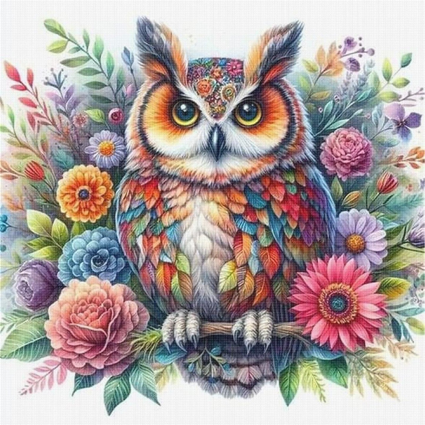 Owl With Flowers And Plants - Full 11CT Stamped Cross Stitch 40x40CM - Yishu