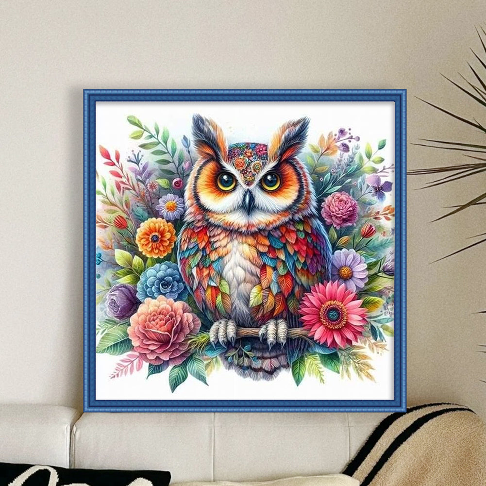 Owl With Flowers And Plants - Full 11CT Stamped Cross Stitch 40x40CM - Yishu
