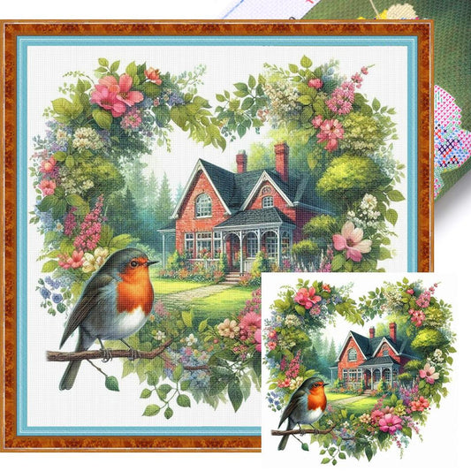 Robin With Loving Flowers - Full 11CT Stamped Cross Stitch 40x40CM - Yishu