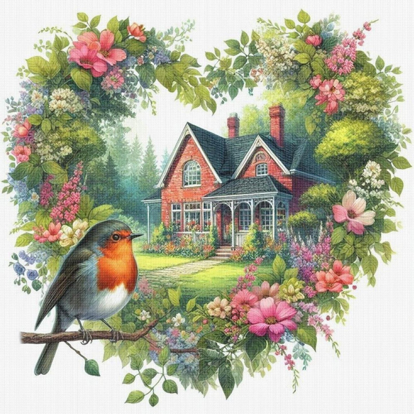 Robin With Loving Flowers - Full 11CT Stamped Cross Stitch 40x40CM - Yishu
