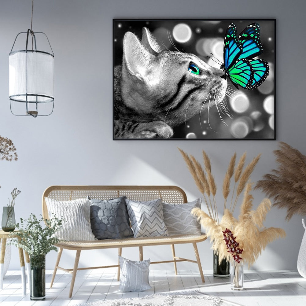 Cat And Butterfly - Full 11CT Stamped Cross Stitch 50x40CM - Huacan