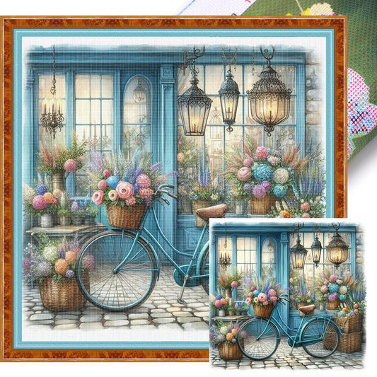 Bicycle With Flower Shop - Full 11CT Stamped Cross Stitch 40x40CM - Yishu
