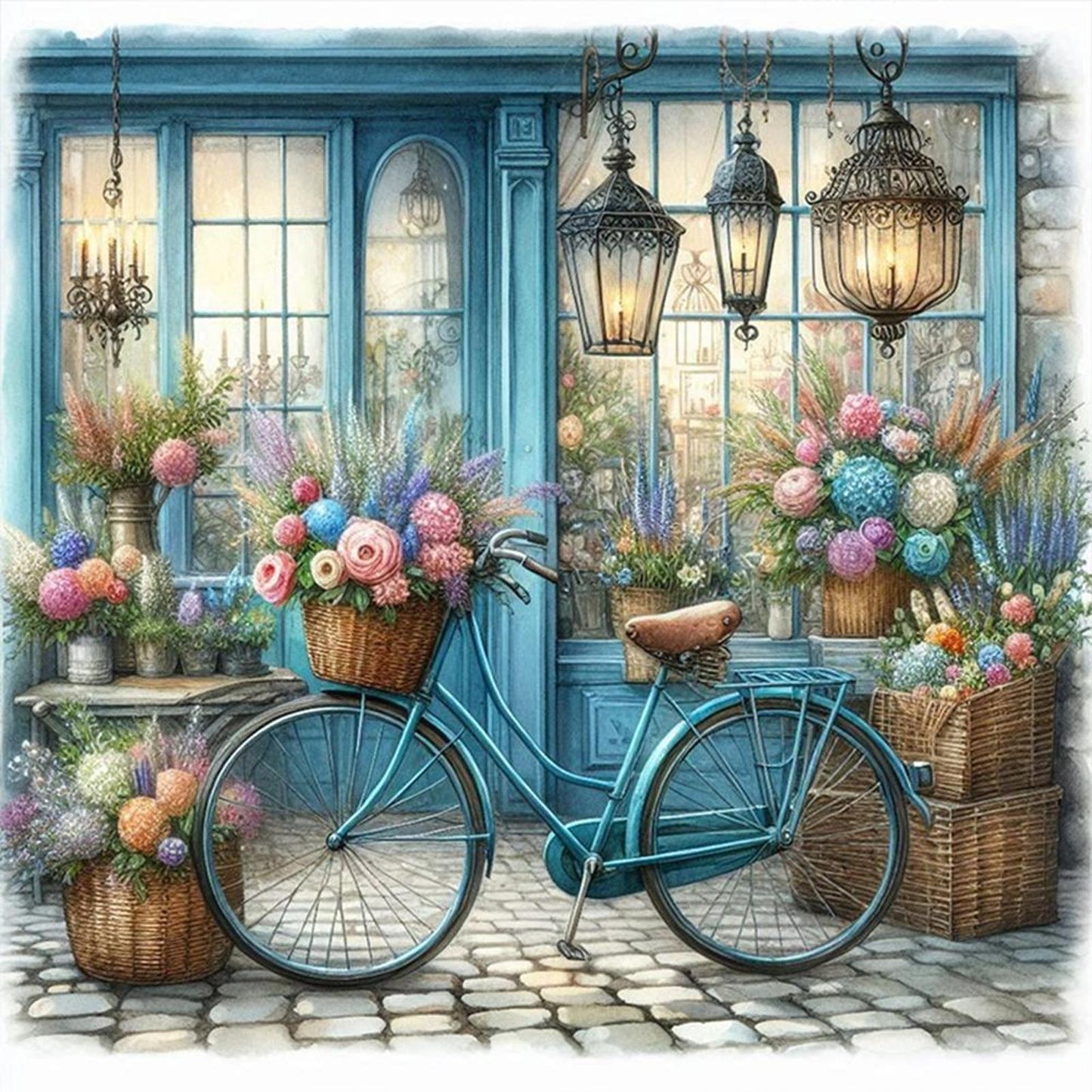 Bicycle With Flower Shop - Full 11CT Stamped Cross Stitch 40x40CM - Yishu
