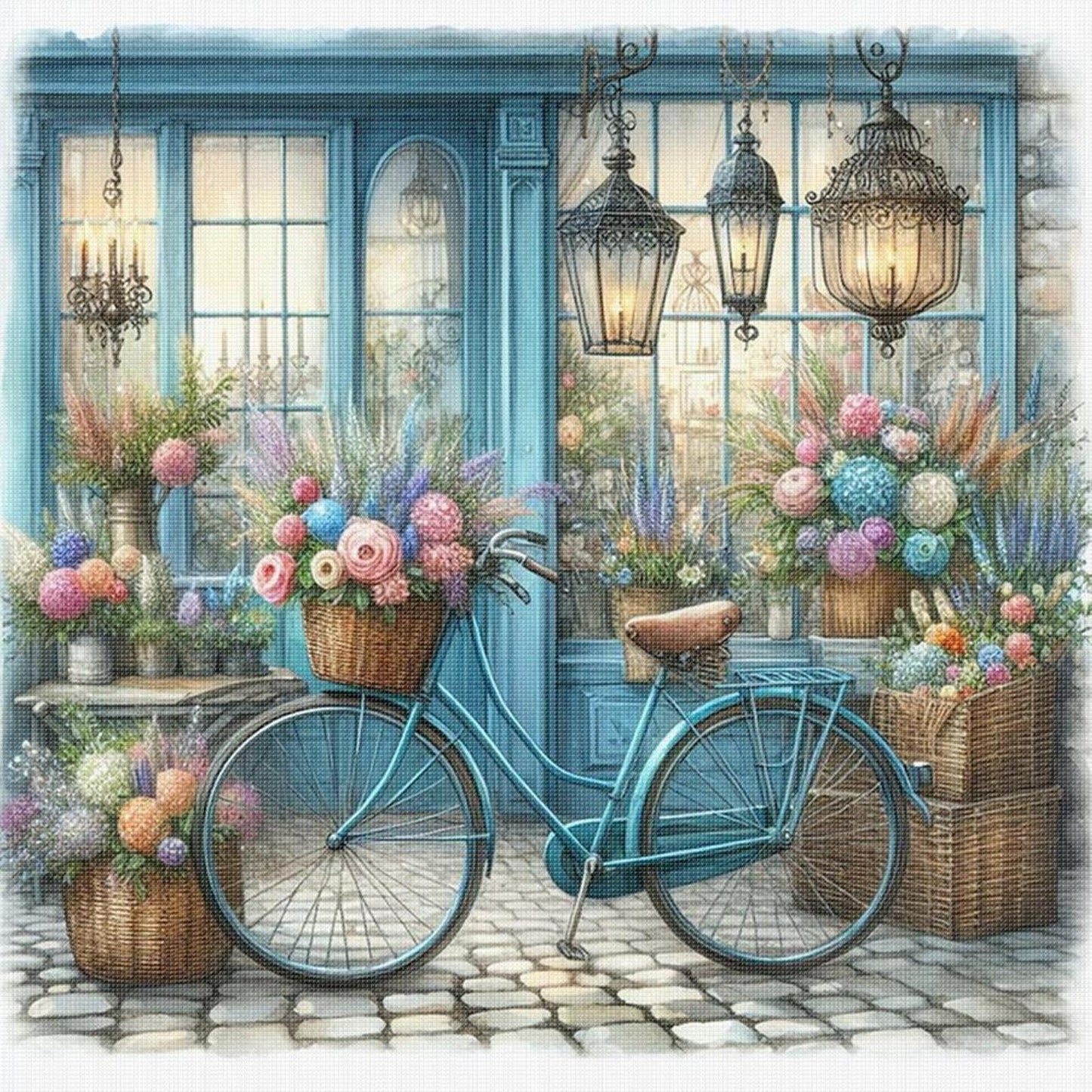 Bicycle With Flower Shop - Full 11CT Stamped Cross Stitch 40x40CM - Yishu