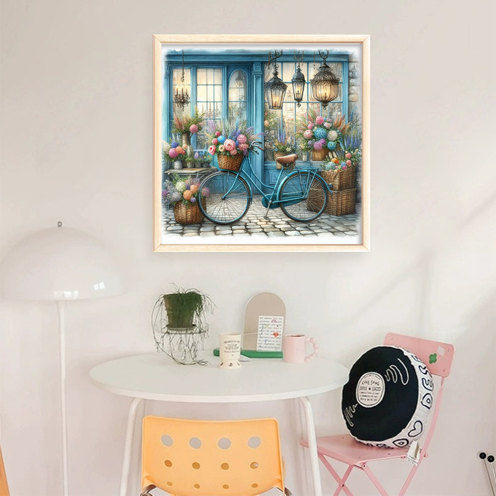 Bicycle With Flower Shop - Full 11CT Stamped Cross Stitch 40x40CM - Yishu