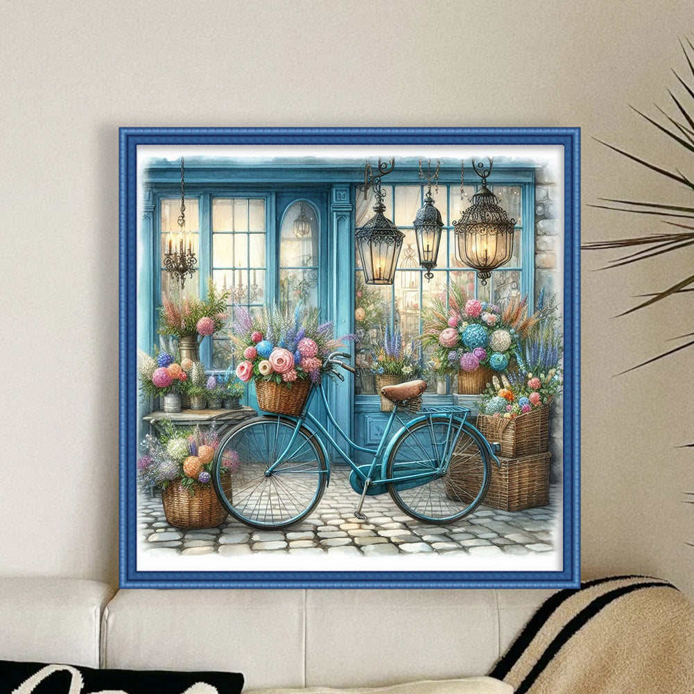 Bicycle With Flower Shop - Full 11CT Stamped Cross Stitch 40x40CM - Yishu