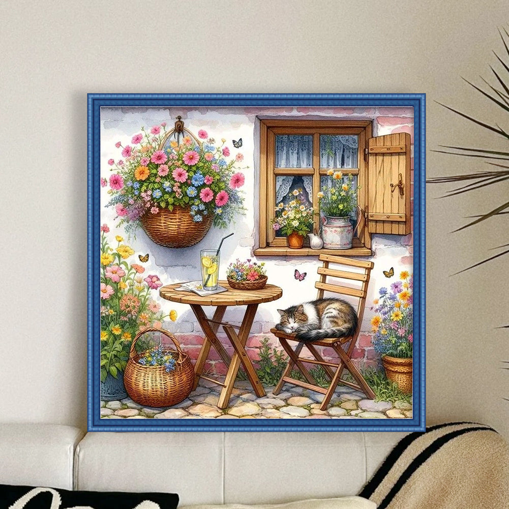 Courtyard Cat - Full 11CT Stamped Cross Stitch 40x40CM - Yishu