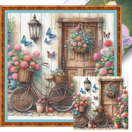 Bicycle And Flowers - Full 11CT Stamped Cross Stitch 40x40CM - Yishu