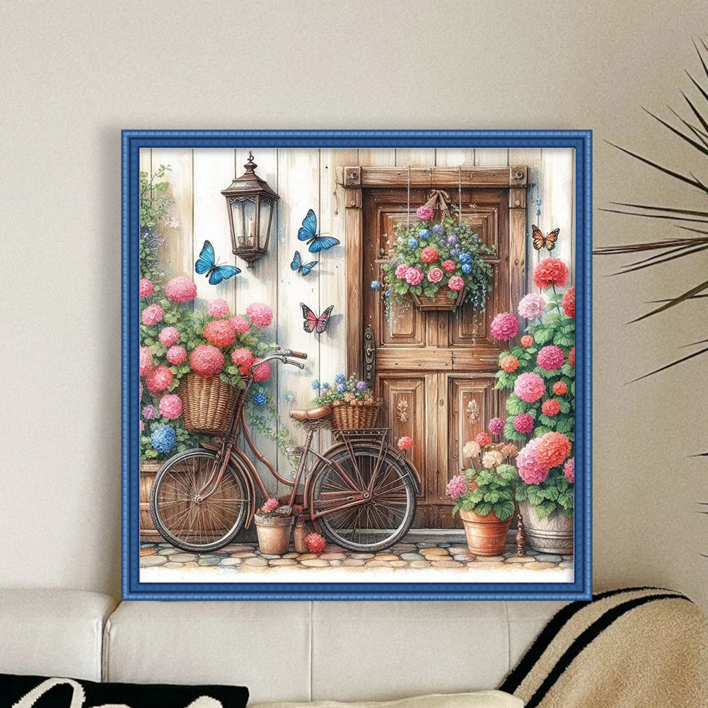 Bicycle And Flowers - Full 11CT Stamped Cross Stitch 40x40CM - Yishu