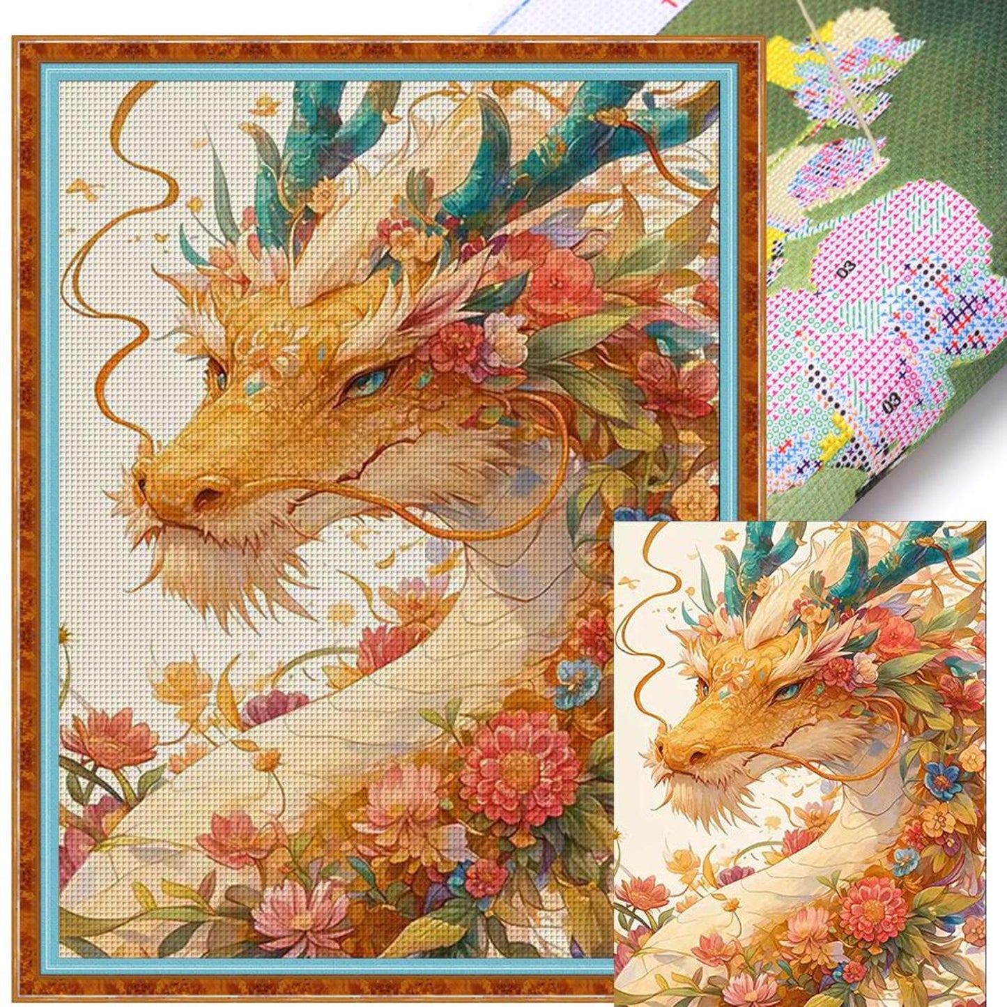Flower Spirit Dragon - Full 9CT Stamped Cross Stitch 60x80CM - Mona Lisa