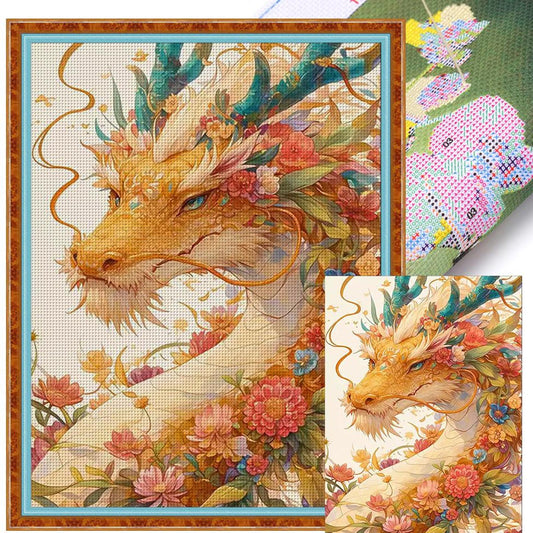 Flower Spirit Dragon - Full 9CT Stamped Cross Stitch 60x80CM - Mona Lisa