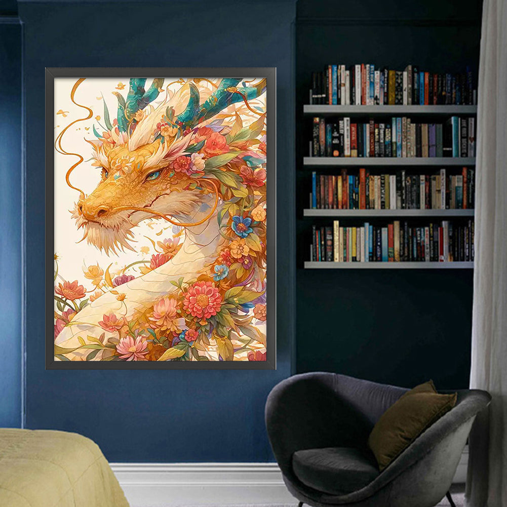 Flower Spirit Dragon - Full 9CT Stamped Cross Stitch 60x80CM - Mona Lisa