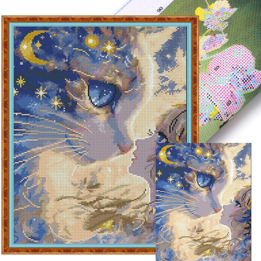 Cartoon Girl And Cat - Full 11CT Stamped Cross Stitch 40x50CM - Mona Lisa
