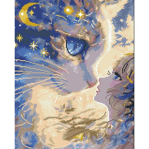 Cartoon Girl Cat - 40*50CM 11CT Stamped Cross Stitch(Mona Lisa Brand)