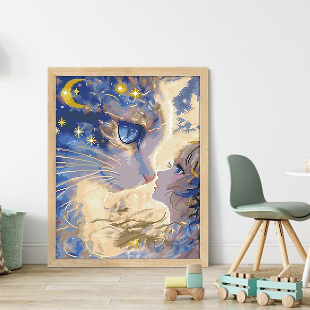 Cartoon Girl And Cat - Full 11CT Stamped Cross Stitch 40x50CM - Mona Lisa