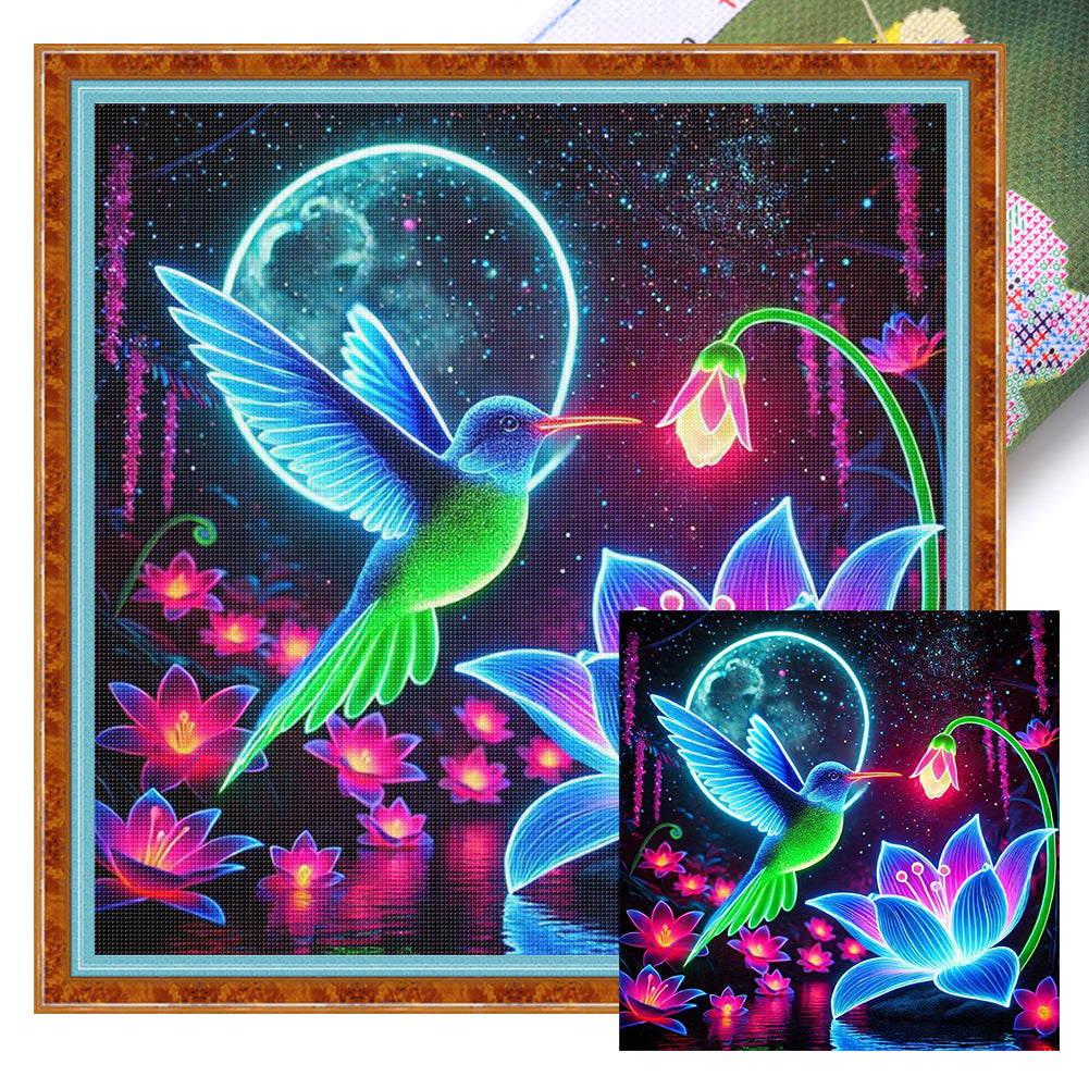 Glow-In-The-Dark Lotus Hummingbird - 40*40CM 11CT Stamped Cross Stitch