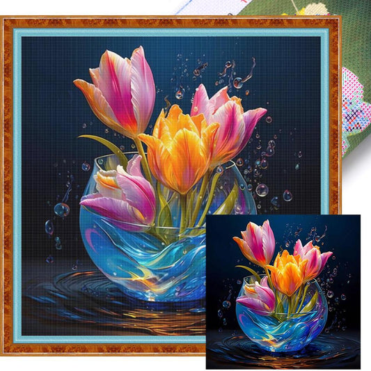 Luminous Tulip Vase - Full 11CT Stamped Cross Stitch 40x40CM - Huacan