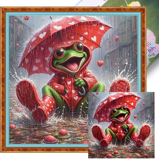 Frog Holding Umbrella - Full 11CT Stamped Cross Stitch 40x40CM - Huacan