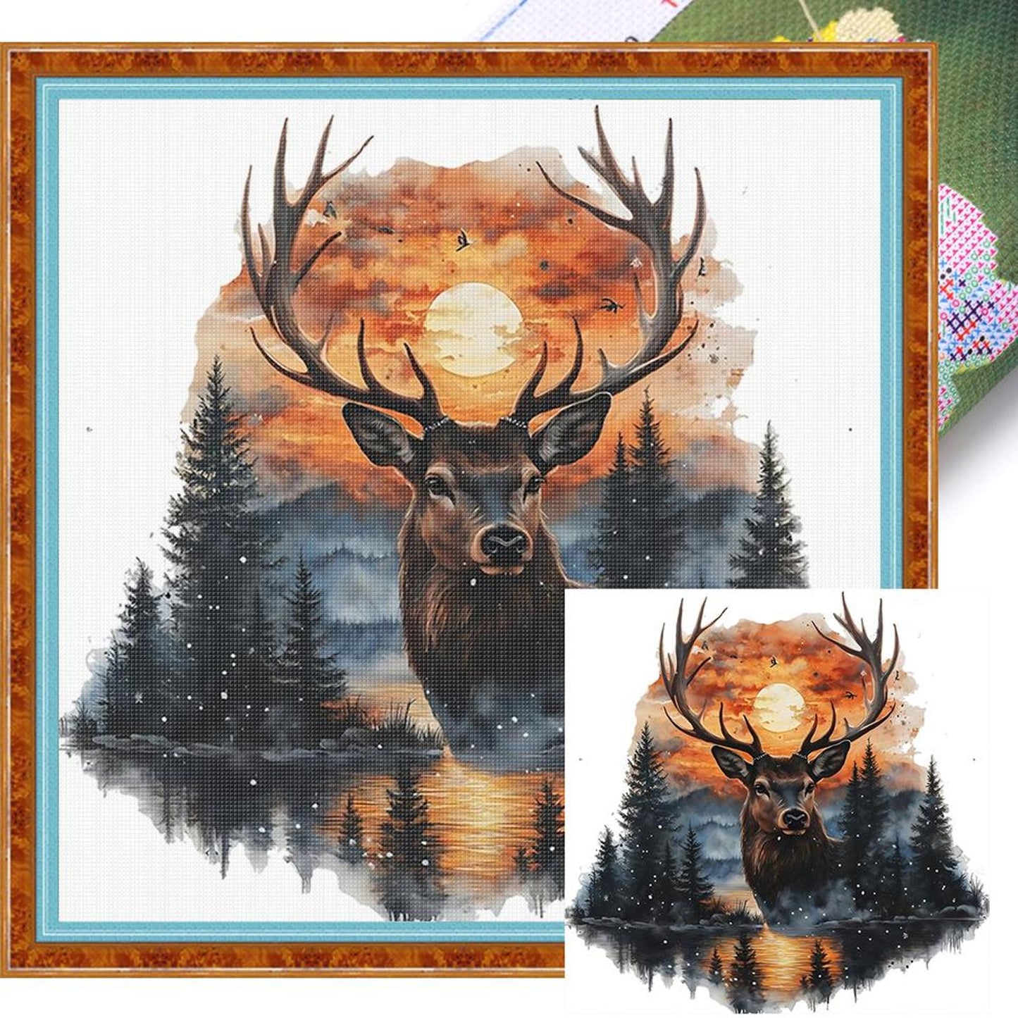 Deer At Sunset - Full 11CT Stamped Cross Stitch 40x40CM - Huacan