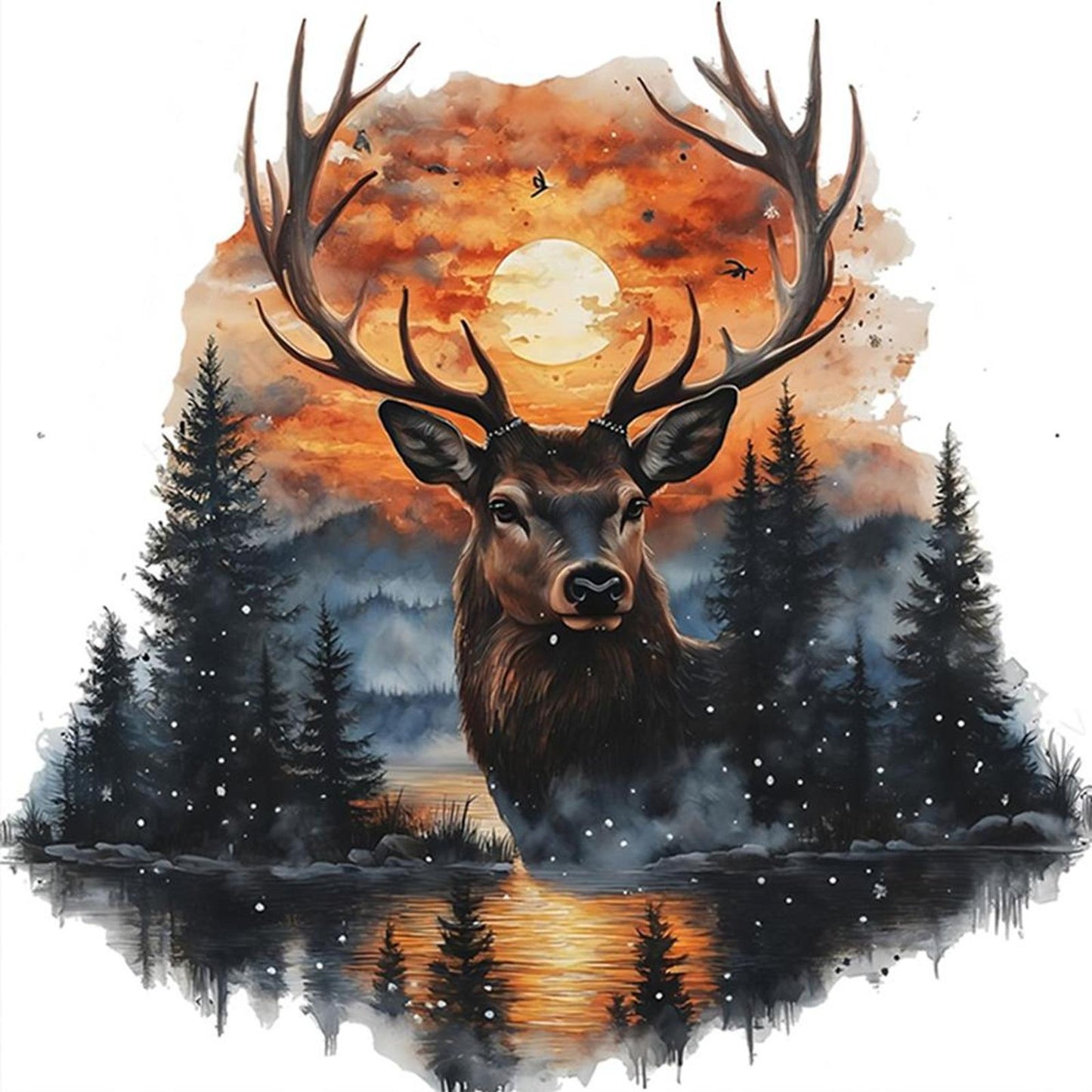 Deer At Sunset - Full 11CT Stamped Cross Stitch 40x40CM - Huacan