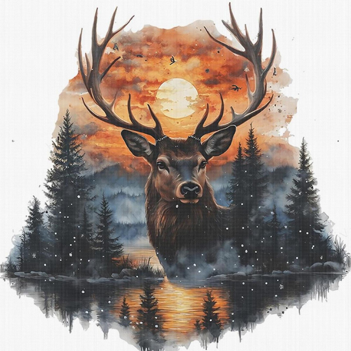Deer At Sunset - Full 11CT Stamped Cross Stitch 40x40CM - Huacan