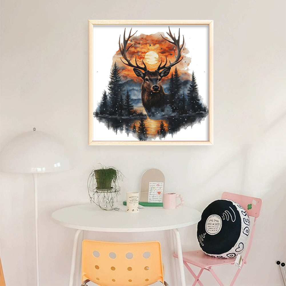 Deer At Sunset - Full 11CT Stamped Cross Stitch 40x40CM - Huacan