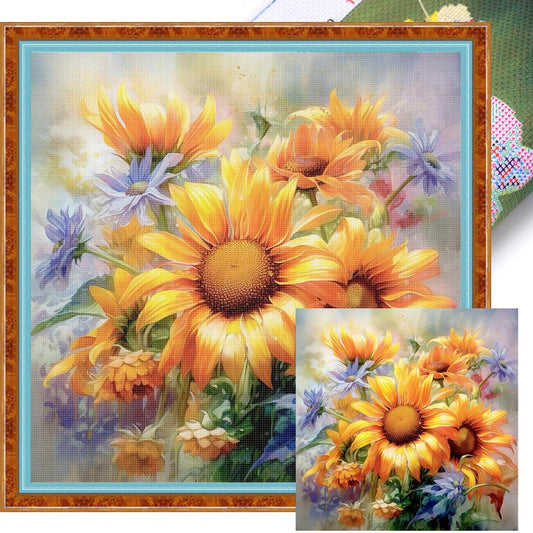Sunflower Oil Painting - Full 11CT Stamped Cross Stitch 40x40CM - Huacan